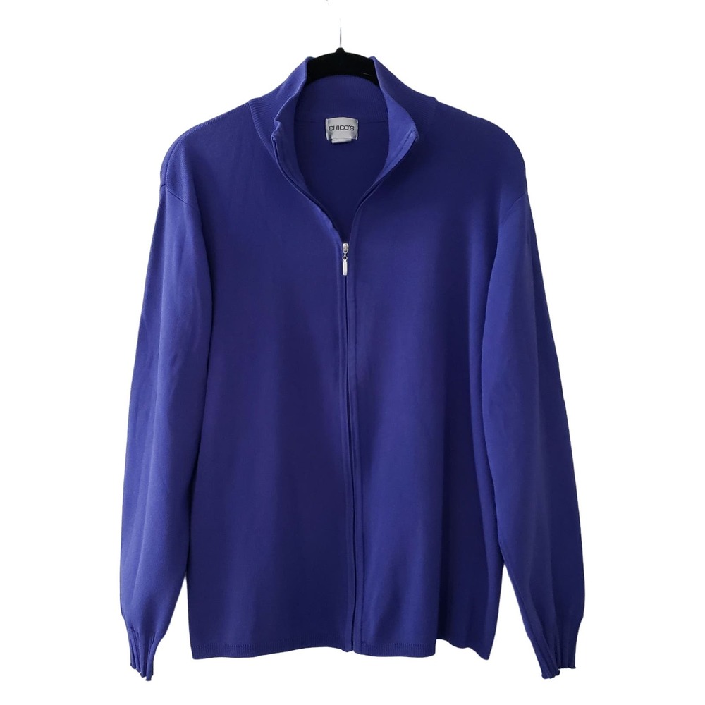 Chico's Womens Full Zip Cardigan Size L(2) Purple Stretch Knit Long Sleeve Layer